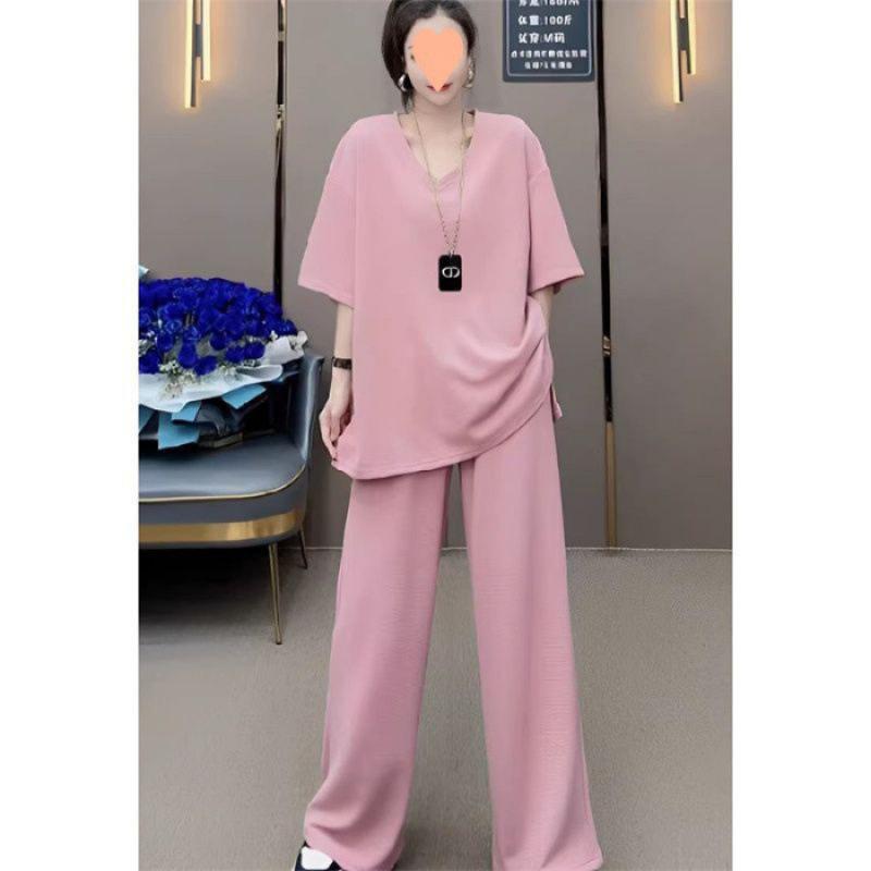 Fashionable Slimming-down Short-sleeved Set with Loose and Casual Sports Pants for Two Pieces