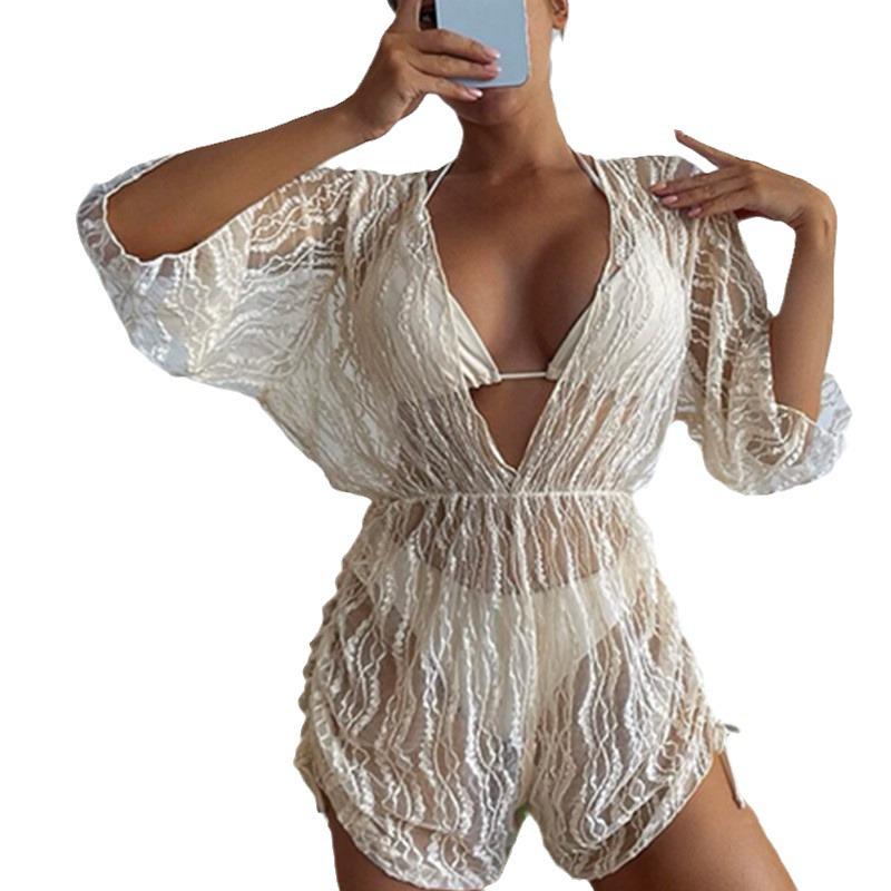 2024 High-Waisted Mesh Waist-Cinched One-Piece Swimsuit with Printed Drawstring and Three-Piece Bikini Set