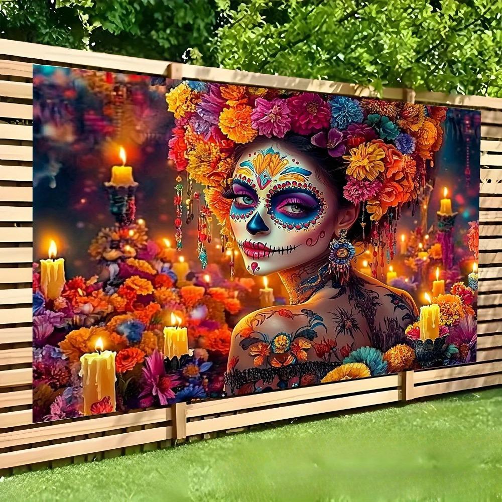 Sfondo Festa Giorno dei Morti Teschio e Fiori Cactus Candele Colorate Stendardo Decorazioni Sfondo Fotografico Oggetti di Scena