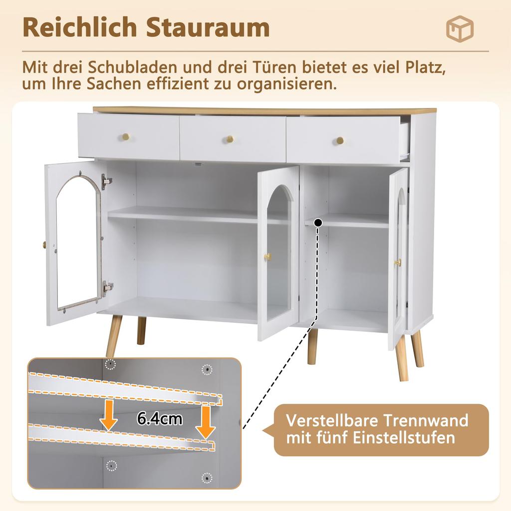 Buffet Sideboard 3 Glastüren & 3 Schubladen, Elegant Küchenschrank Kommode Flurschrank Stauraum, Wohnzimmer Esszimmer, 120cm, Weiß & Holzfarbe