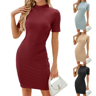 2024 Summer New Solid Color Round Neck Pleated Waist Short Sleeve Slim Dress