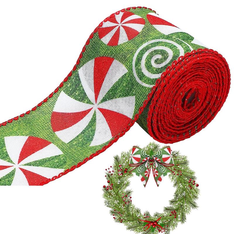 1pc 5 Yards Christmas Candy Peppermint Wired Edge Ribbon Wide Christmas Candy Ribbon For DIYCraft Xmas Tree Gift Party Decor