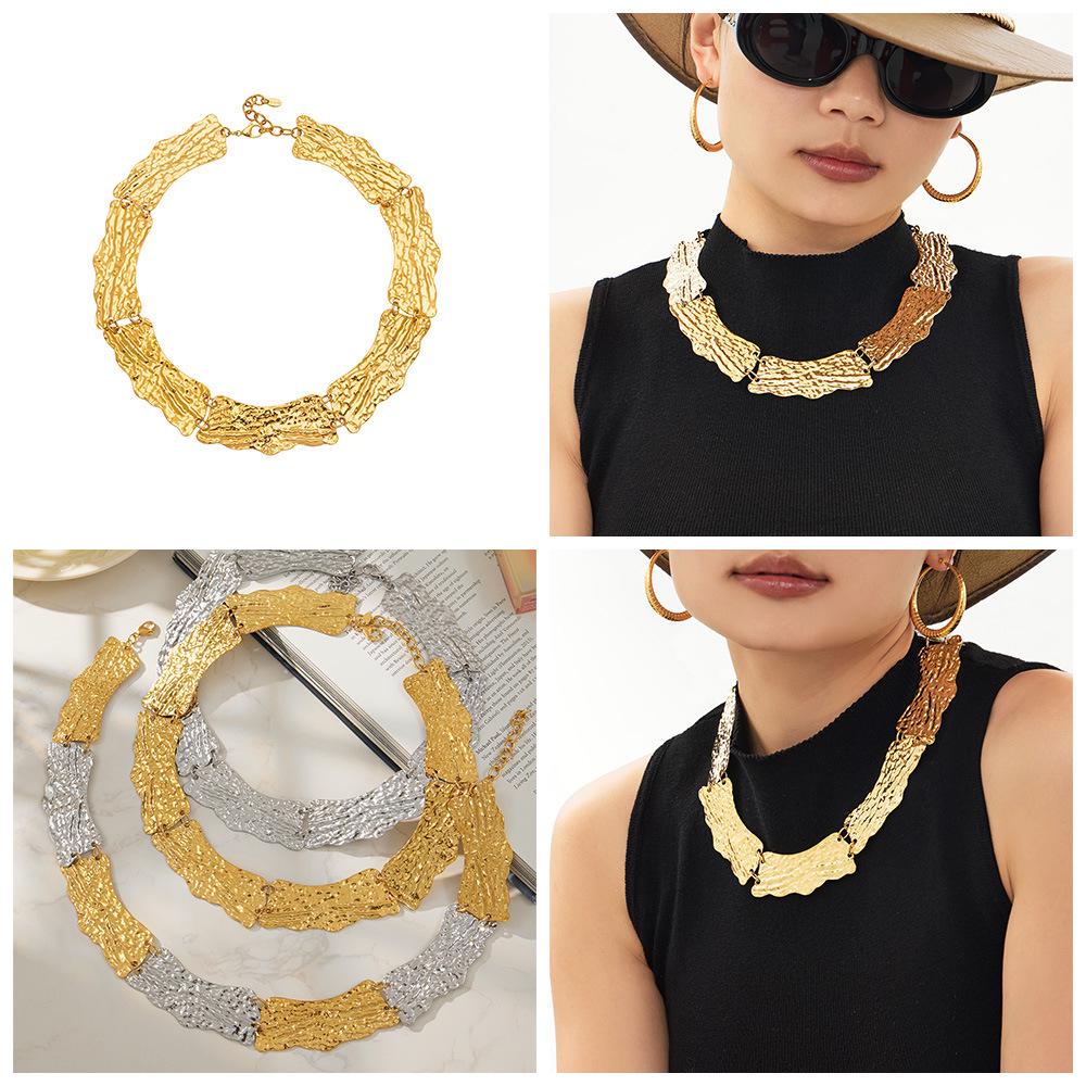 Vintage-Style Wide Textured Handmade Necklace: 18K Gold & Stainless Steel Women's Jewelry