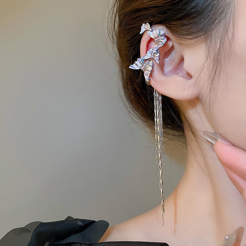 

1Pc New Dreamy Purple Butterfly Clip Earrings for Women Luxury Elegent Long Tassel Chain Ear Hook Personalized Cool Zircon
