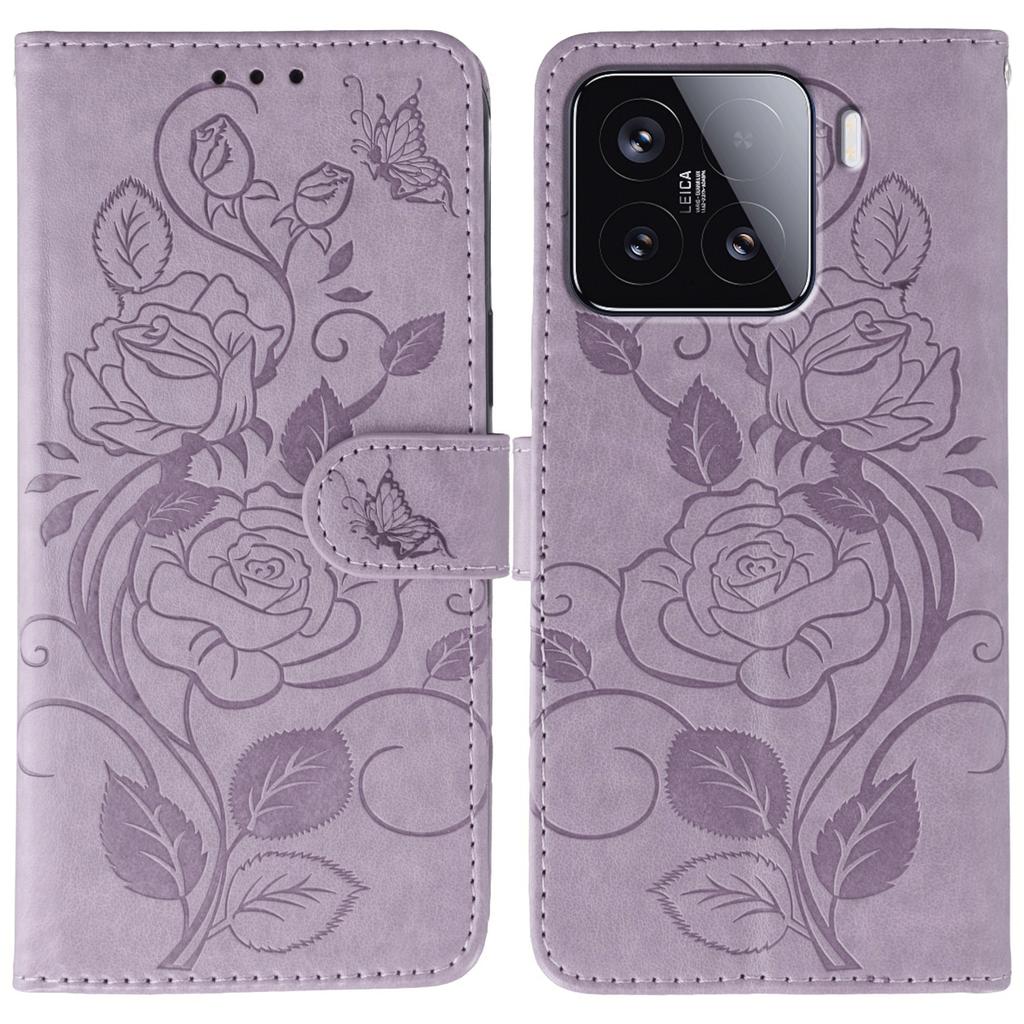 For Xiaomi 15 Case Wallet Stand Imprinted Rose Butterfly PU Leather Phone Cover