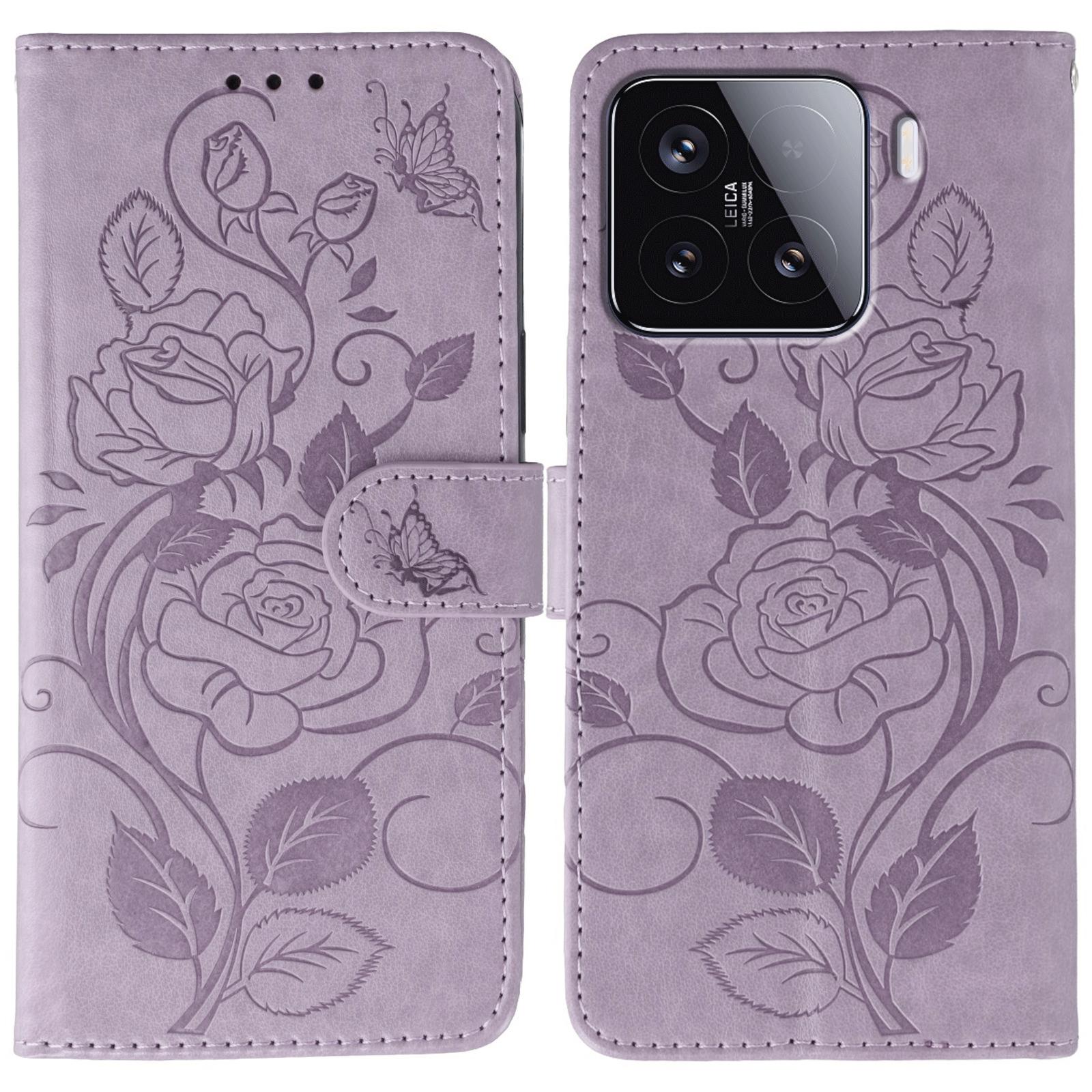 

For Xiaomi 15 Case Wallet Stand Imprinted Rose Butterfly PU Leather Phone Cover Purple