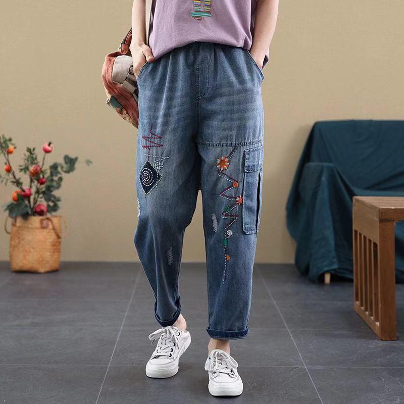 Blugi Dama Retro Brodați Rupti cu Talie Elastică - Stil Harem Slimming pentru Primăvară & Toamnă (Tendință 2025)