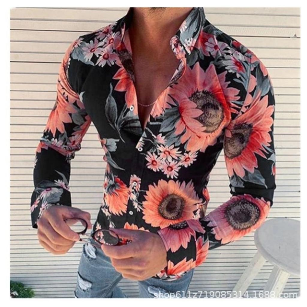 Men's Long Sleeve Floral Print Shirt, Casual Button-Down for Daily Wear