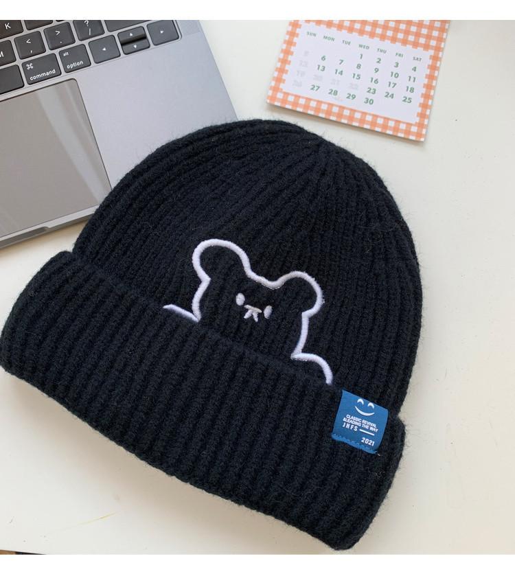 Deepsea Cute Bear Embroidered Knit Hat Korean Style Thickened Ear Protection Cold Hat For Women