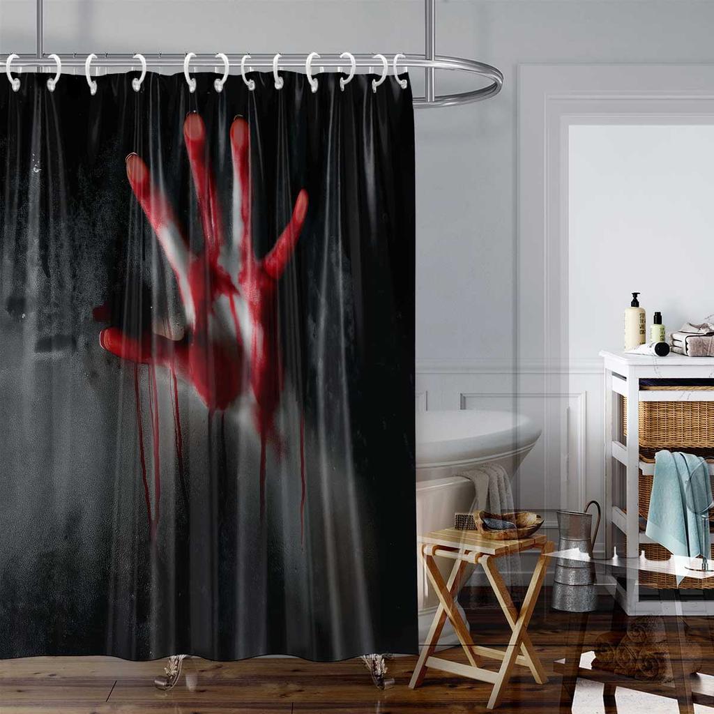1Pc Halloween Terrifying Blood Handprint Pattern Shower Curtain, With 12 Hooks, Bathroom Showers, Bathtub, Halloween Decoration