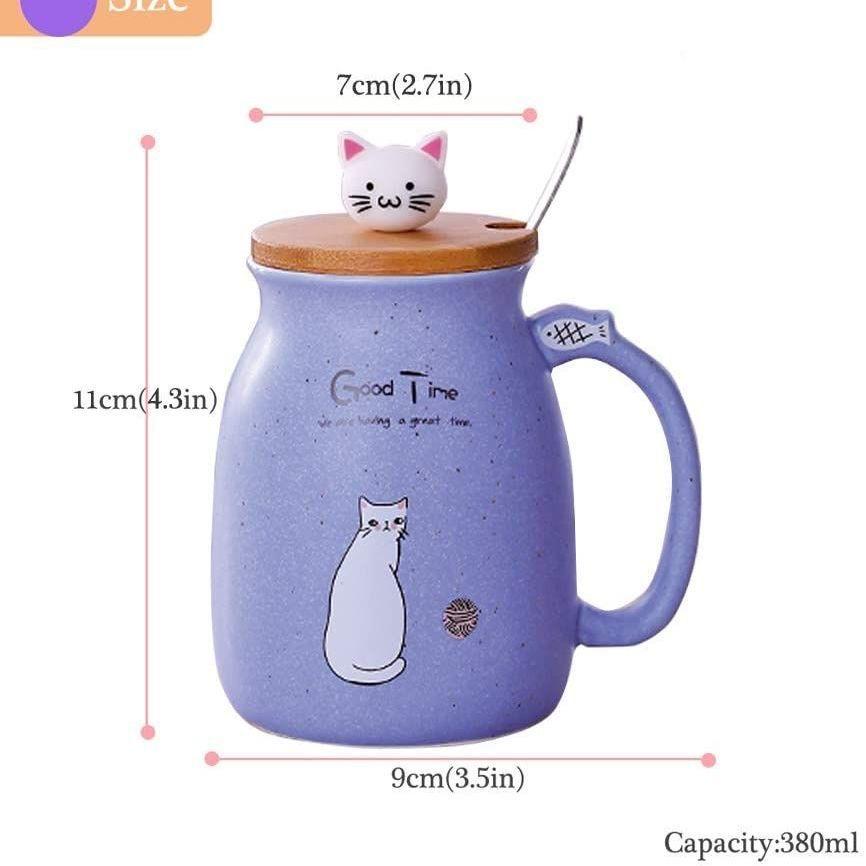 Cute Cartoon Cat Ceramic Mug with Lid and Spoon – Breakfast Coffee Cup