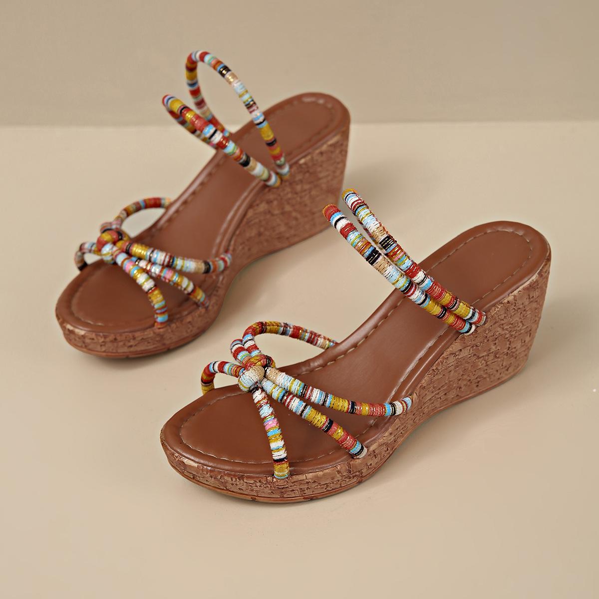 

Fashion Comemore 2025 New Summer Sandals Bohemian Style Slope Heel Female Shoes Casual Mixed Colors High Heeled Chunky Platform Sandales 36 коричневый