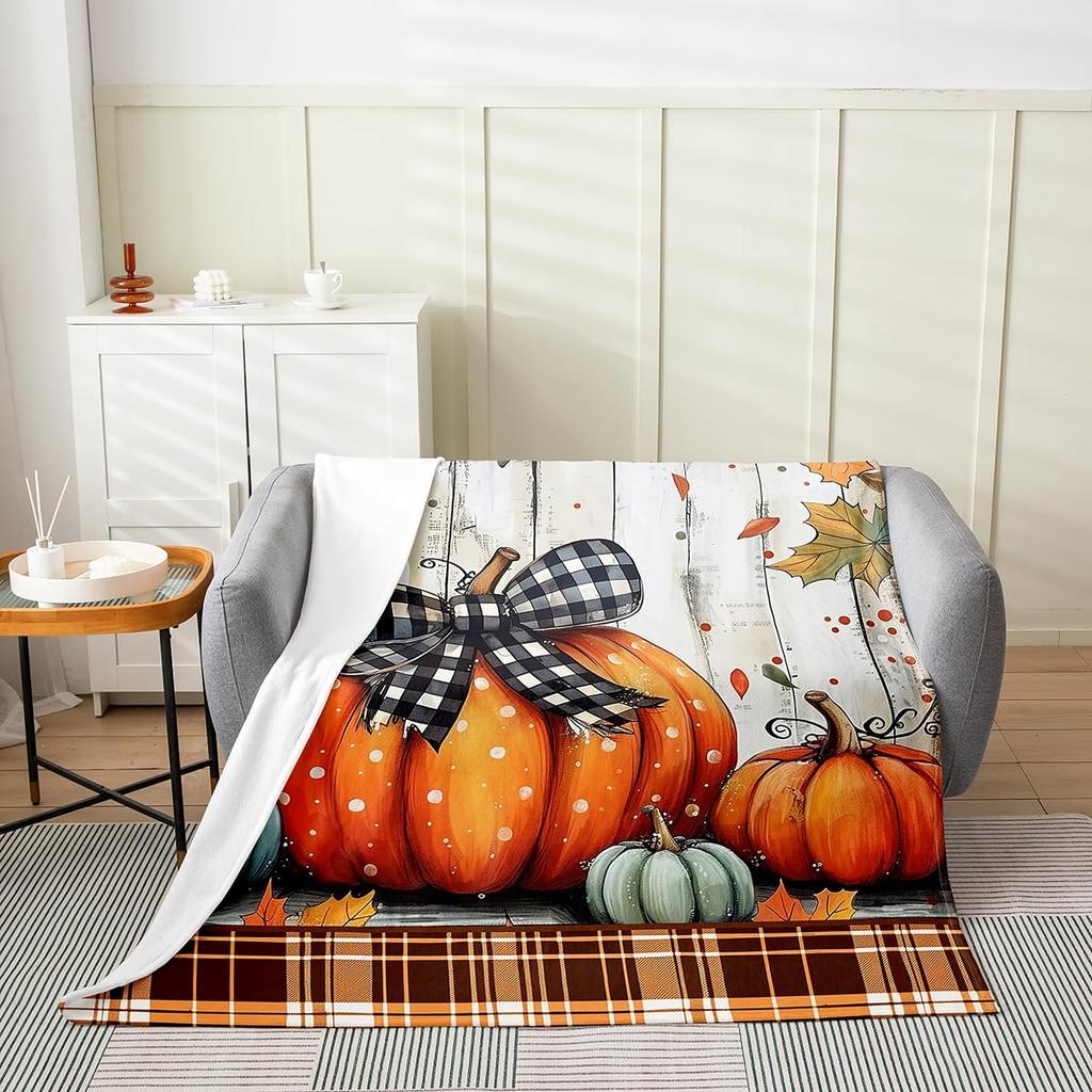 GUOYU Blanket Fall Pumpkin Harvest Fleece Flannel BlanketRustic Maple Autumn Leaves Bed Plush Blanket for Rustic Home DecorHarvest Patchwork