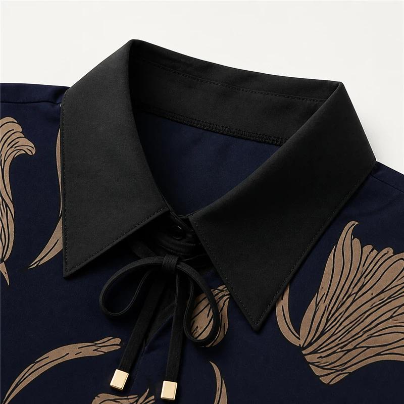 Middle-aged and Elderly Mothers' Loose Plus Size Shirt Collar T-shirt Women's New Summer Printed Slimming Three-quarter Sleeve Top