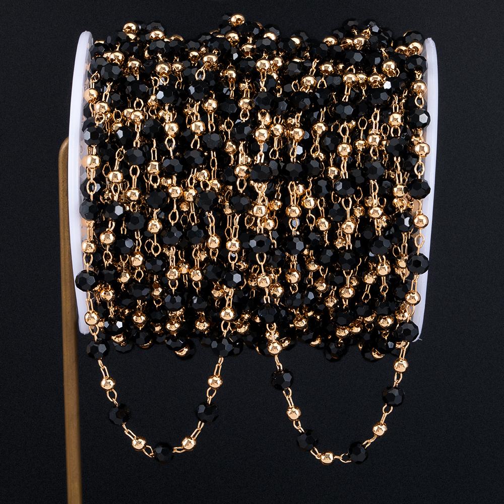 1meter 4mm Crystal Black Transparent Beaded Copper Chains Glass Beads Necklace Gold Color Chain for DIY Jewelry Making Component