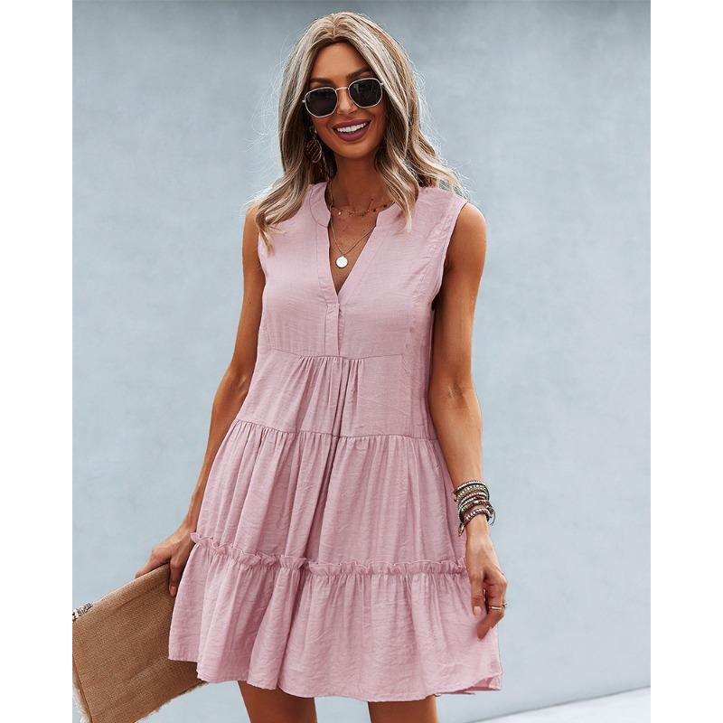 Damen V-Ausschnitt Sexy Einfarbiges Kleid Sommer Ärmelloses Kleid