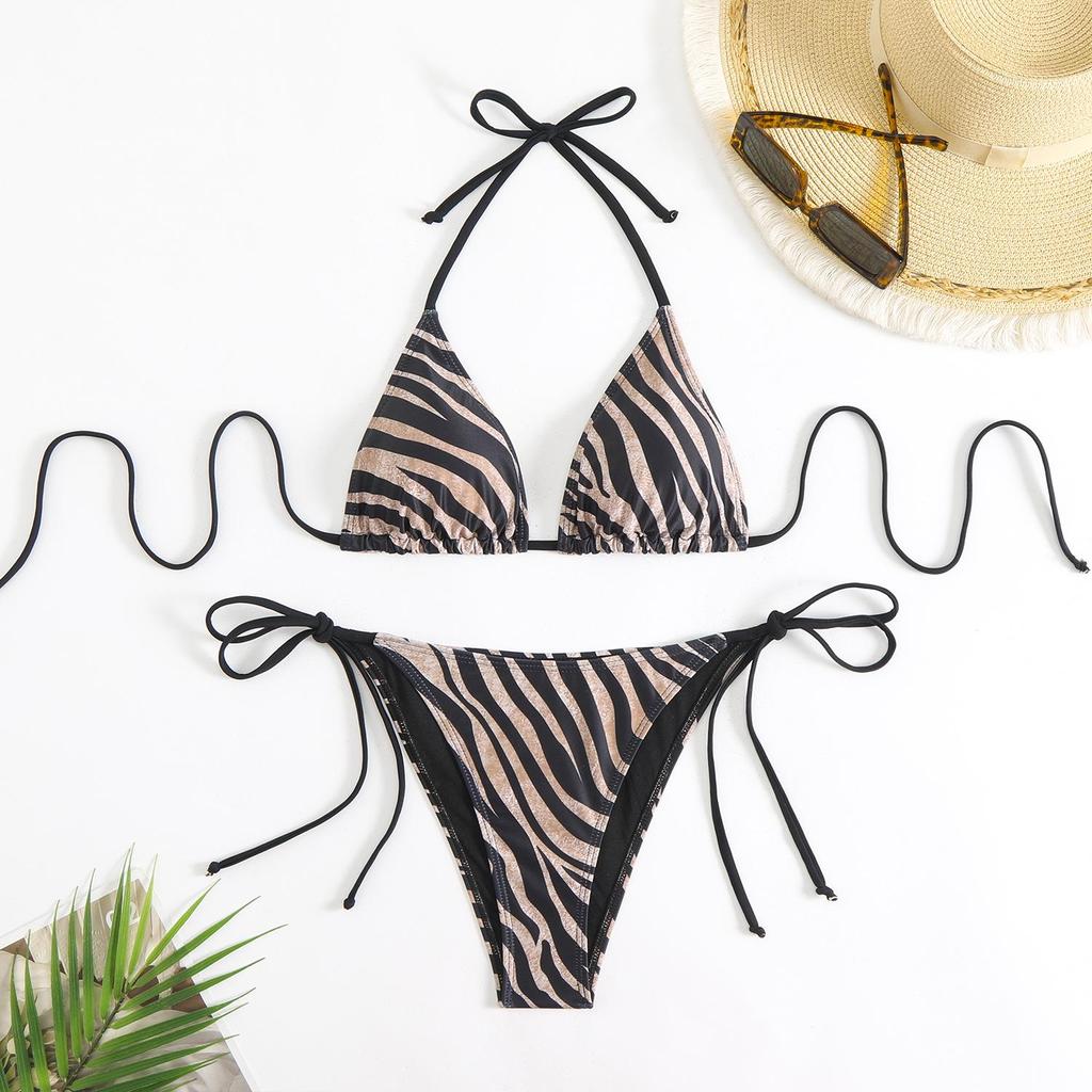 2025 Zebra Stripe Halter Bikini Three-Piece Swimsuit
