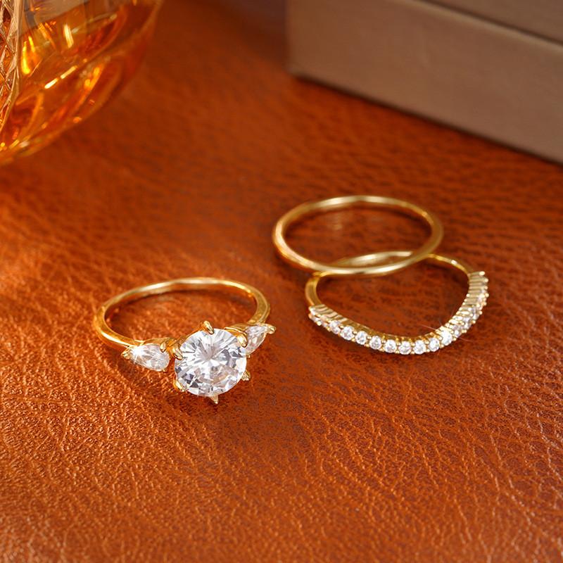 Sterling  3Pcs Rings Set for Women Shiny Cubic Zirconia Unique Designed Finger Accessories Fashion Wedding Jewelry