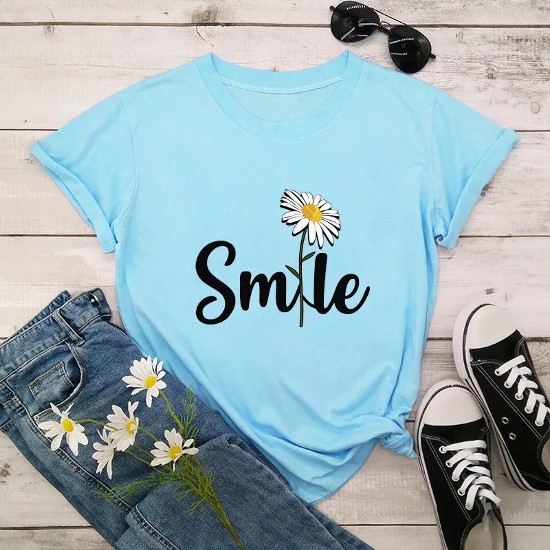 Women T Shirt Smile Daisy Print Tshirt Women Short Sleeve O Neck Loose T-shirt Ladies Summer Causal Tee Shirt Clothes