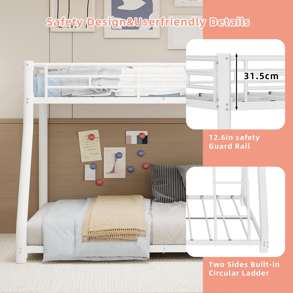 Estrutura de Metal Robusta para Cama Beliche, uma cama superior de 90*140cm e uma cama inferior de 140*190cm, Design que Economiza Espaço com Escada e Grades de Proteção de Comprimento Total.