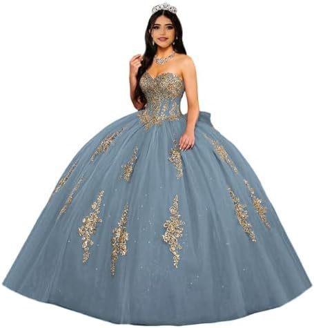 Gold Lace Applique Adult Dress Fluffy Strapless Tube Top Tulle Ball Dress Glitter Princess Dress Dress