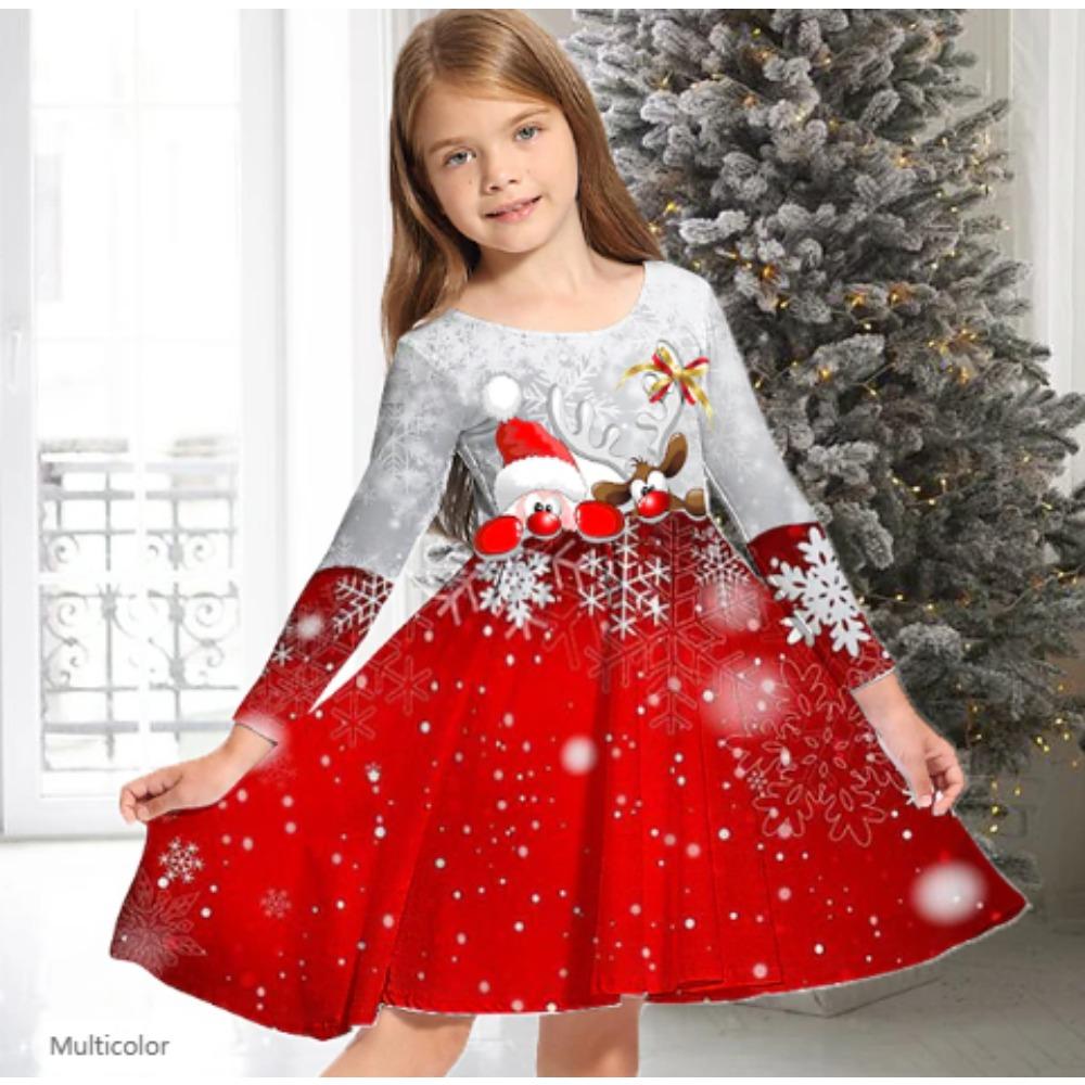 Girl Casual 3D Snowflake Print Round Neck Long Sleeve Dress Kid Princess Dress 80