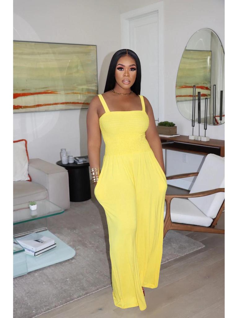 European & American Women's Solid Color Wide-Leg Suspender Jumpsuit