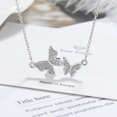 New Female Necklace  Sterling Silver Double Butterfly Shaped Inlaid Zircon Pendant Necklace for Women  Gift Collares