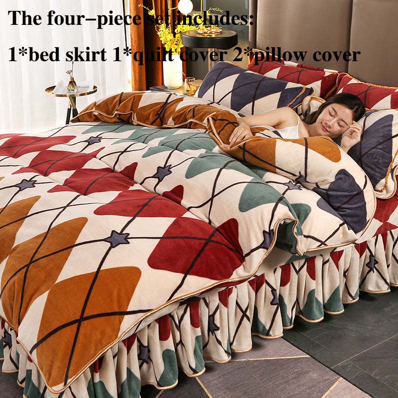 Milk Velvet Four-piece Suit Plus Velvet Thickening Soft Skin-friendly Bedding Double-sided Velvet Bed Skirt Is Resistant To Dirty Winter