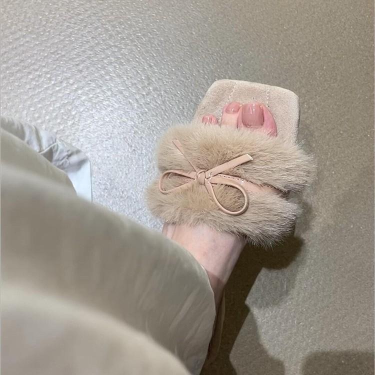 Soft Waxy Sweetheart! French Bow Fluffy Shoes Women Wear New Gentle Fairy Style Temperament Soft Bottom One-word Drag