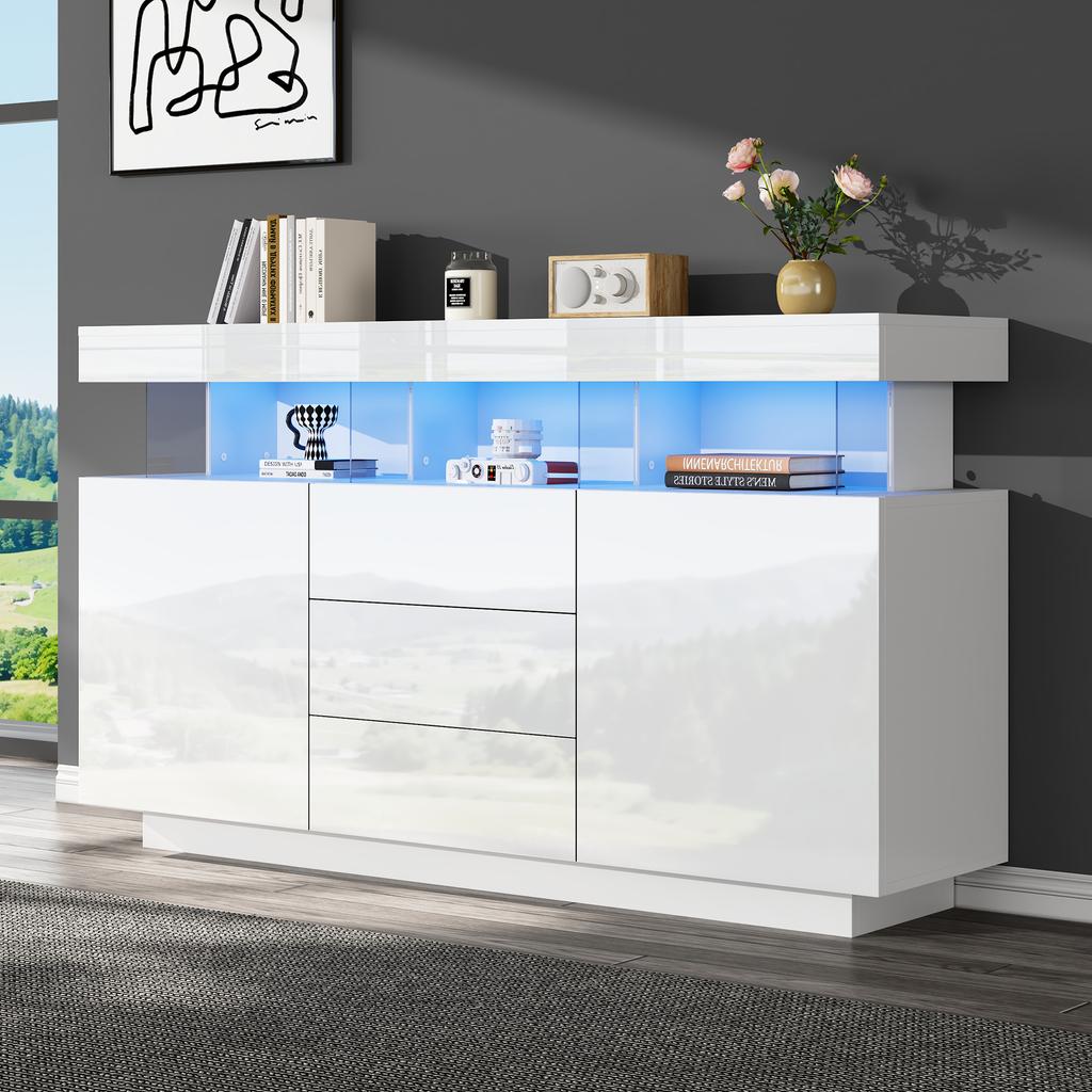 140 x 35 x 80 cm Modernes Hochglanz Acryl Sideboard mit 16-farbigem LED-Streifen, Kaffeebar, Geeignet für Esszimmer, Küche, Flur (Weiß)