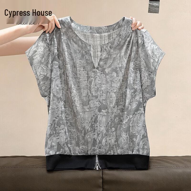 Sibaishe Women s Retro V-neck Floral Short Sleeve Blouse 2XL