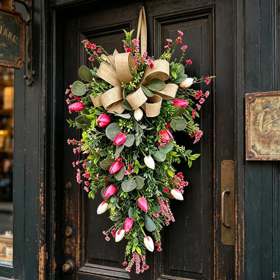 24" Tulip Teardrop Swag for Front Door Spring Artificial Teardrop Wreath with Burlap Bow for Farmhouse Kitchen Wall Mantel Decor