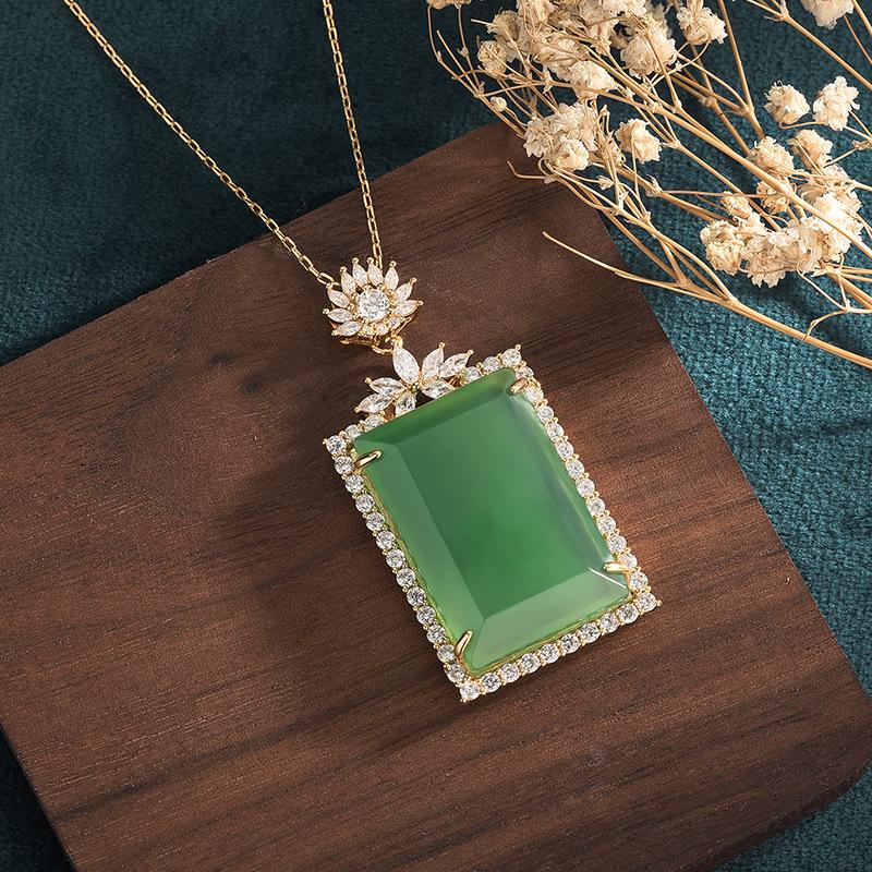 Aieryuan Chinese Ethnic Jade Pendant Necklace - Natural Green Chalcedony Peaceful Square for Men and Women