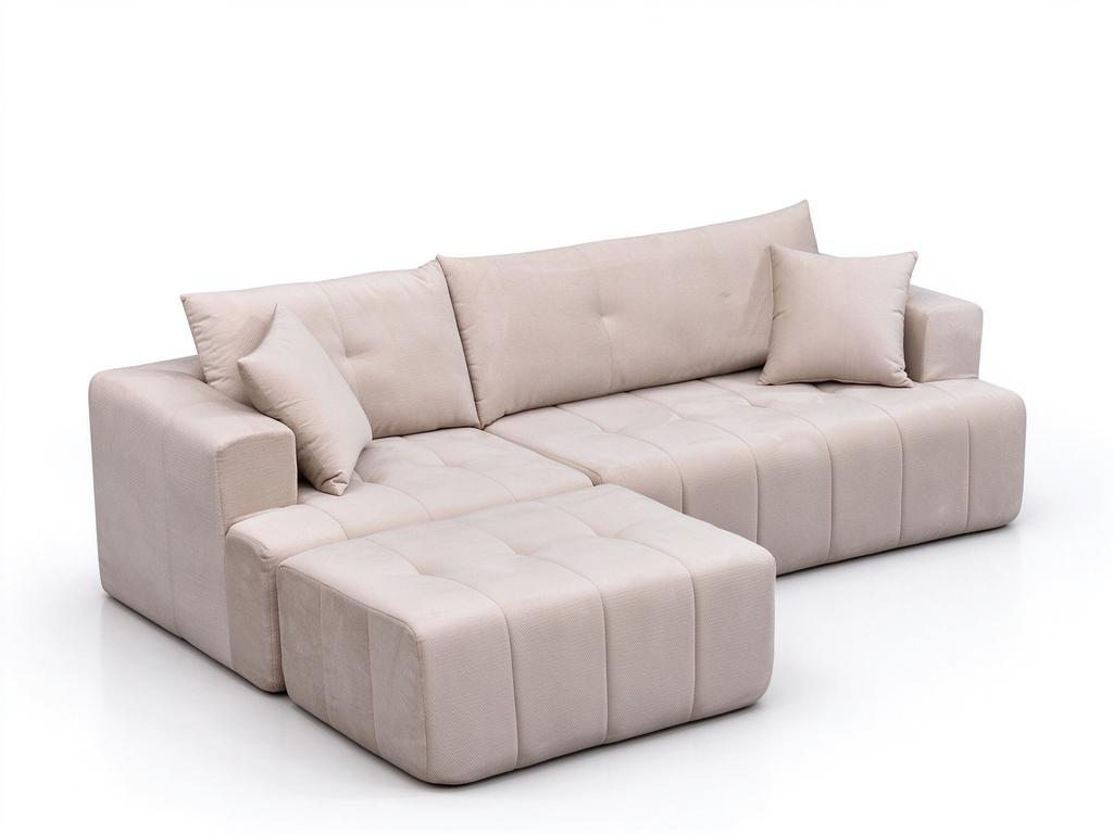 Modular Corner Sofa, Stool Positionable Left or Right, Square Armrests, Includes 2 Cushions, No Assembly, Living Room, Bedroom & Apartment, Beige