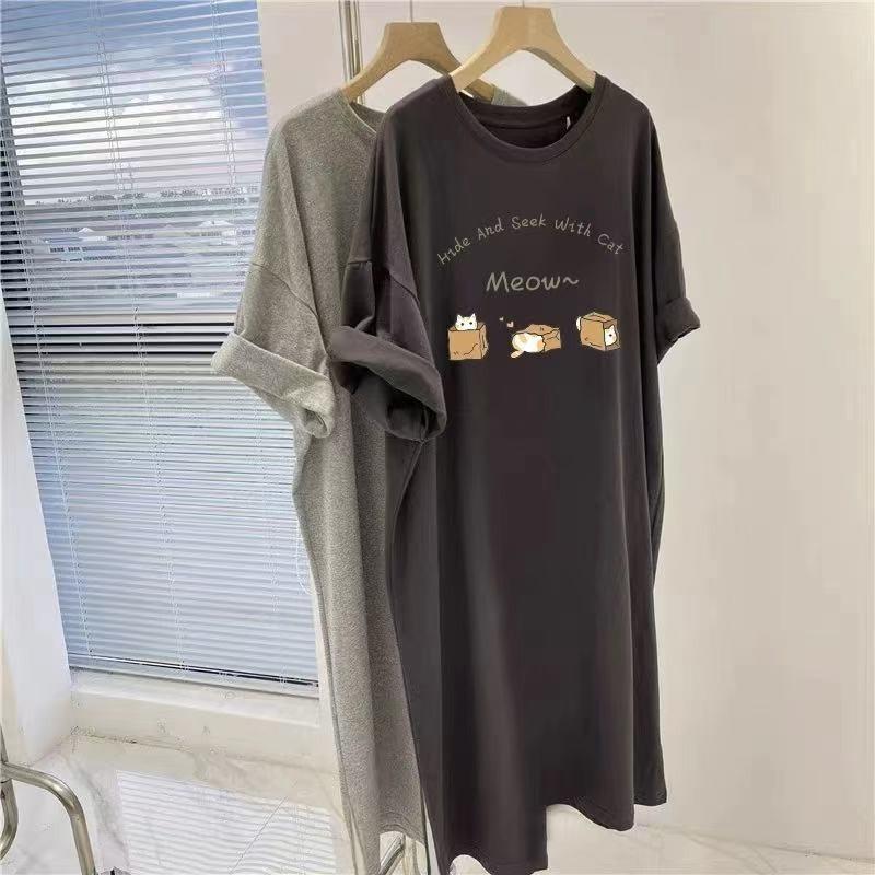 Casual Dress Summer Loose Belt-coveringstraight T-shirt Dressslit Long Dress