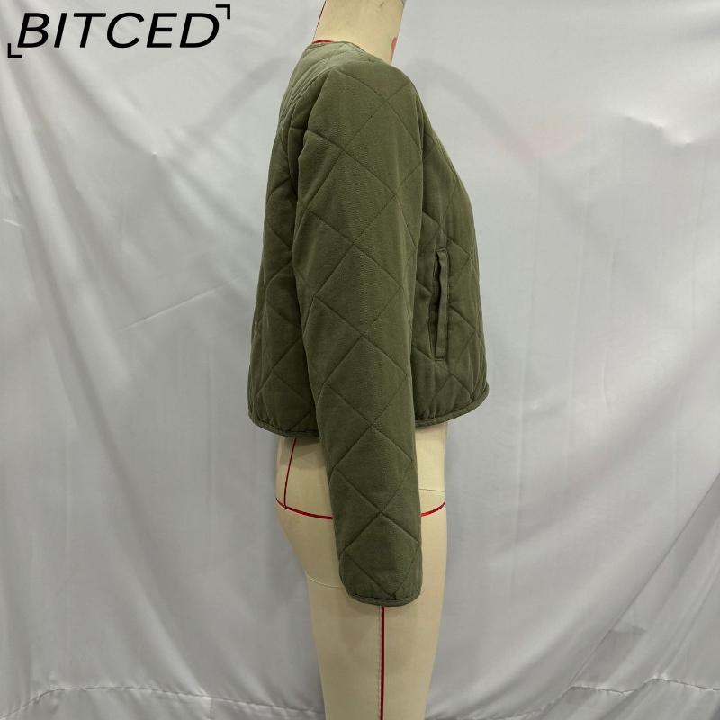 BITCED Women's Autumn/Winter Oversized Loose-Fit O-Neck Long-Sleeved Washed Cotton Diamond-Patterned Cotton Coat