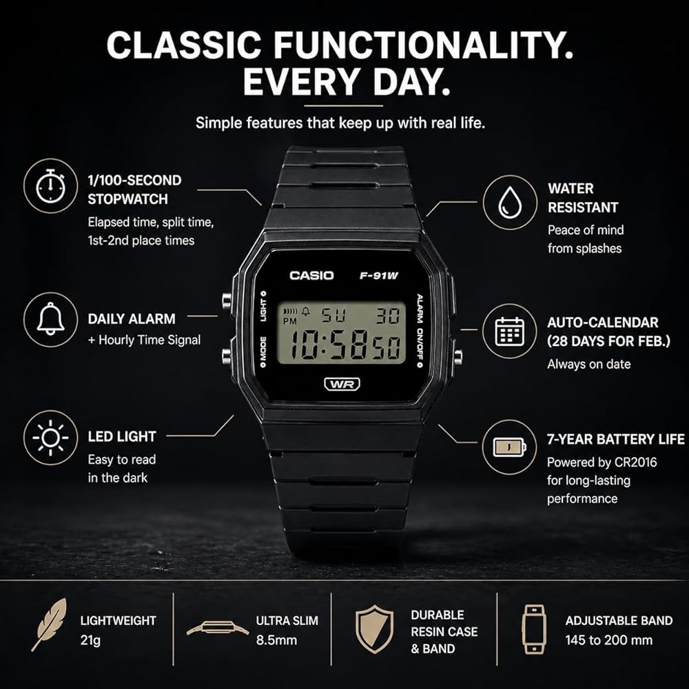 Casio F91W Digital Watch Waterproof LED Light Stopwatch 1/100 Sec Black/White Minimalist Design