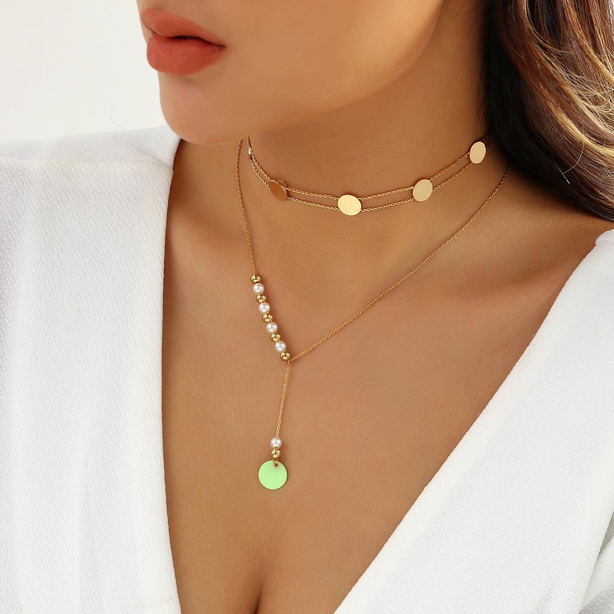 

Аксессуары, ретро бусины простые ожерелья, нишевые металлические пайетки асимметричные двухслойные ожерелья с бахромой