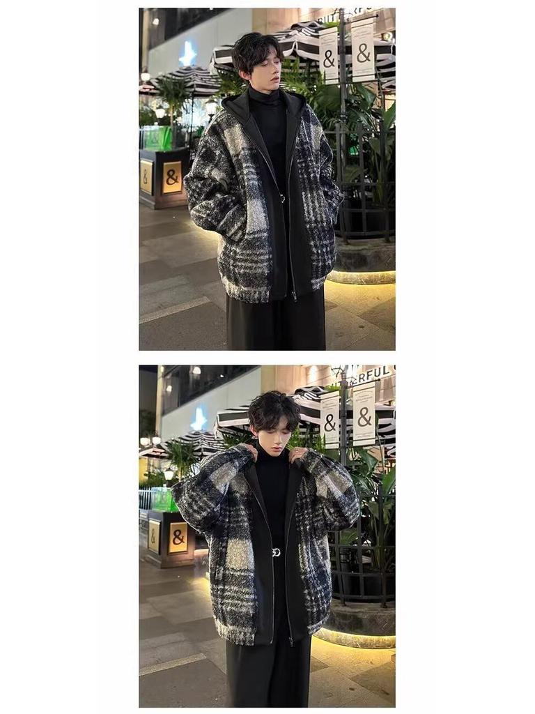 Men's Retro Plaid Patchwork Wool Hooded Jacket - Double-Sided, Thickened Outerwear for Autumn/Winter