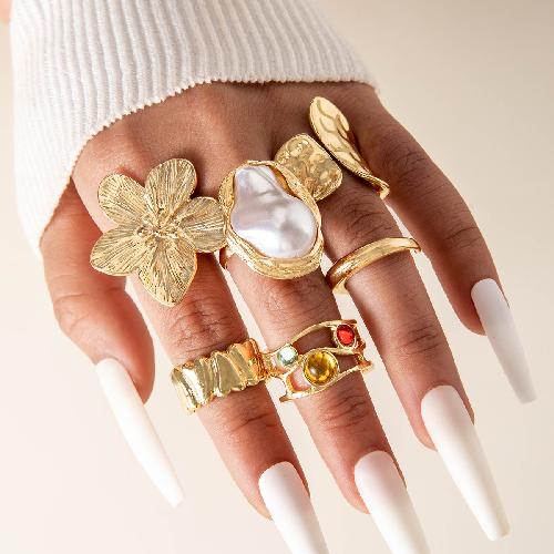 Design Geometric Baroque Pearl Ring Alloy Flower Dripping Branch Ring Set