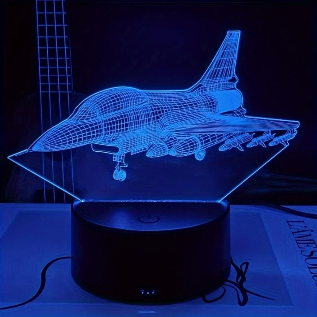 Fighter aircraft 3D night light, 3D optical illusion light with touch, bedroom 7-color color changing ambient light