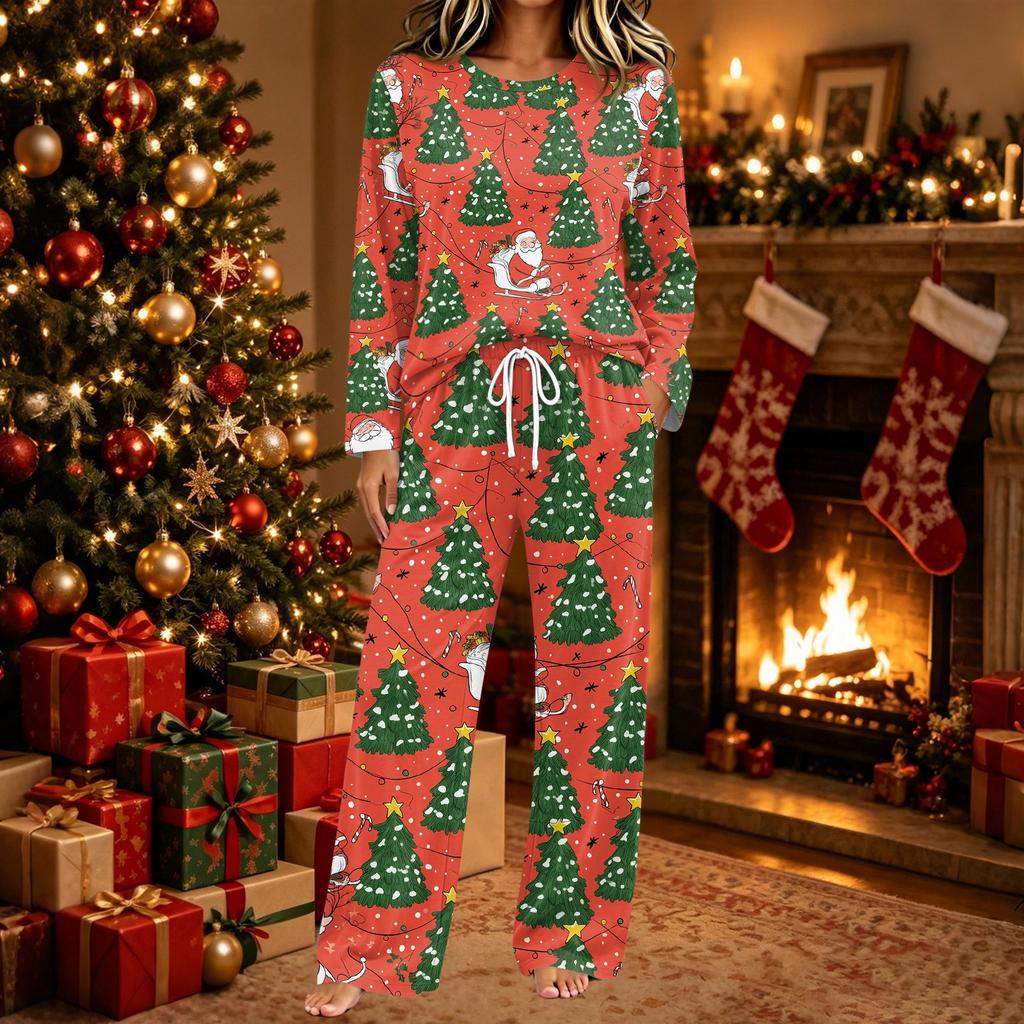 Women's Christmas Print Long Sleeve 2 Piece Set with Casual Pants
