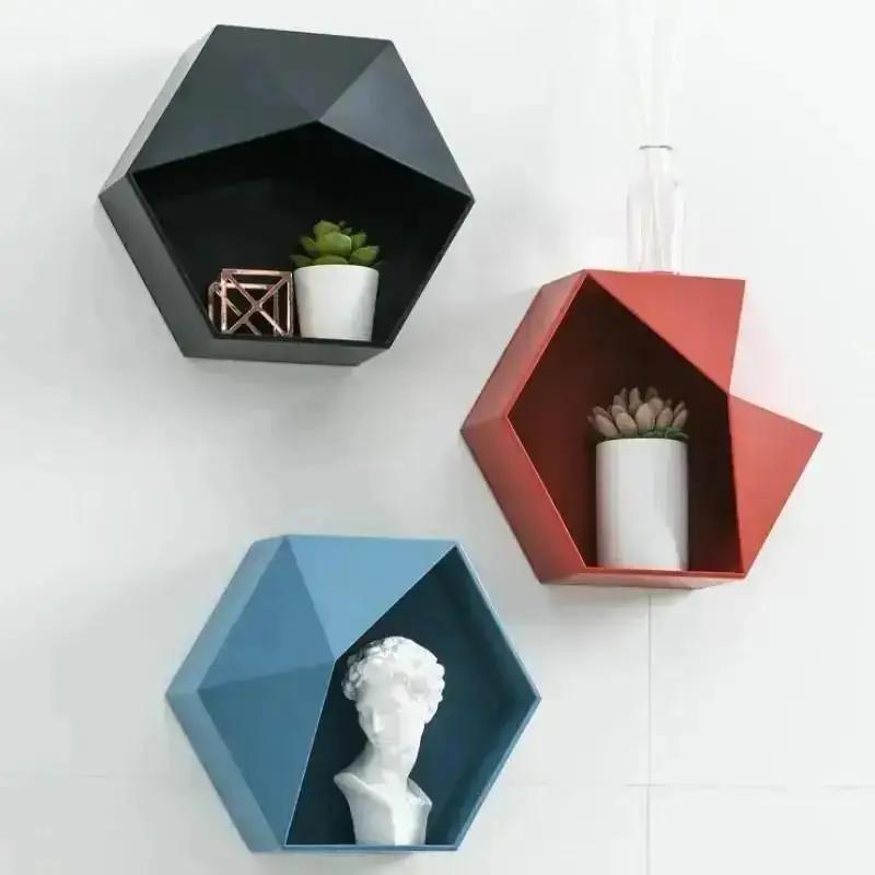 1 Pcs Nordic Style Decor Wall Mount Hexagonal Frame Books Toys Flower Pot Storage Shelf Holder Figurines Display Crafts Shelves
