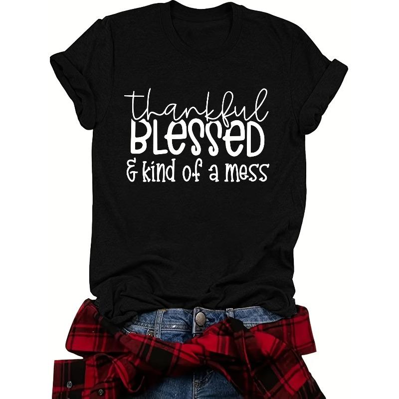 

European sizes Blessed Print T-shirt, Short Sleeve Crew Neck Casual Top For Summer & Spring, Women s 4XL