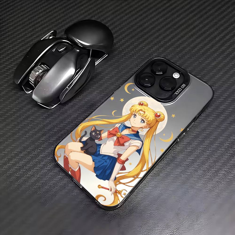 CUTE Cartoon S-Sailor M-Moons    Phone Case For iPhone17,16,15,14,13,12,11 Plus,Pro Max Colored Silver Plated Inside Cover