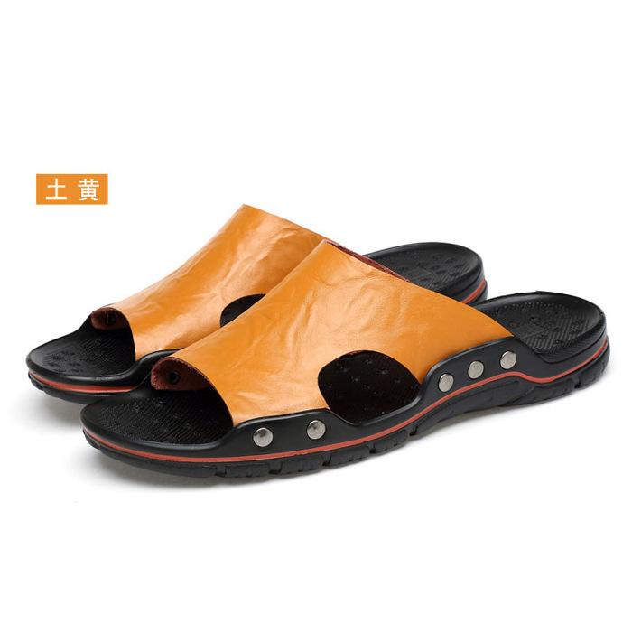 

Large size men s sandals breathable and wear-resistant hand-scratched leather slippers summer indoor and outdoor casual breathable beach shoes 48 жовтий