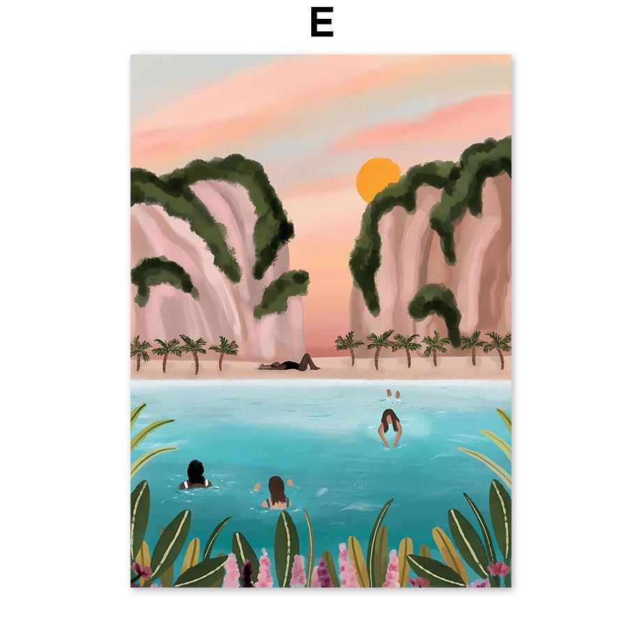 Boho Abstract Girl Lake Birds Leaf Illustration Wall Art Canvas Painting Nordic Poster And Prints Pictures For Living Room Decor