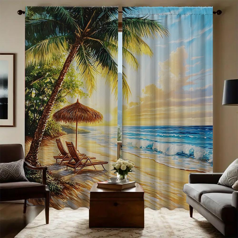 2PC Home Coconut Tree Sea View Curtains With Landscape Background And Pole Pocket Curtains, Kitchen, Coffee Shop, Living Room, B