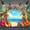 Hawaiian Tropical Summer Beach Background with Flamencos, Flowers, Aloha, Luau, Surfboard, for Parties, Photographic Studio Decoration